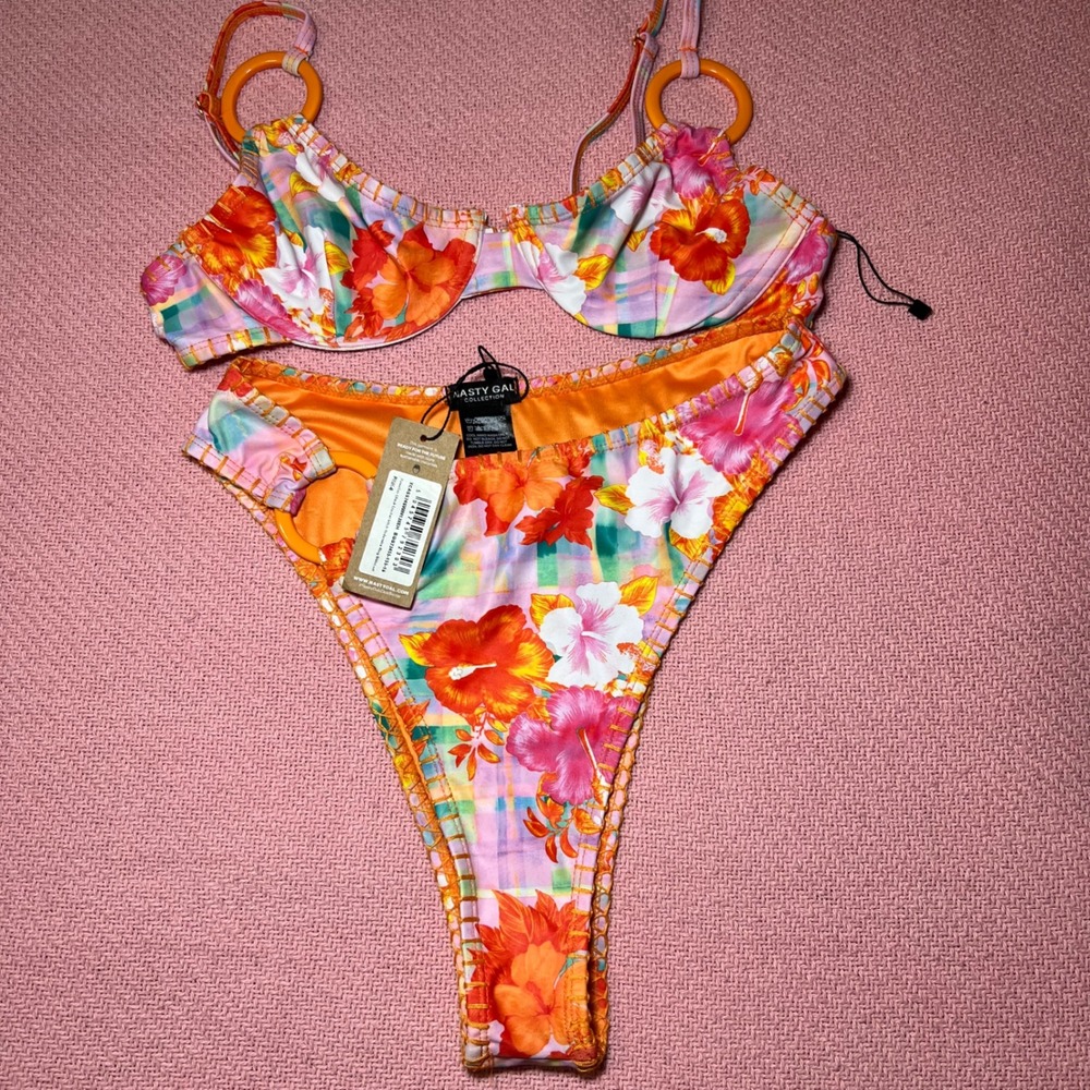 Nasty Gal Hawaiian Check Crochet Underwire Ring Bikini Set Pink Orange US 4 NEW